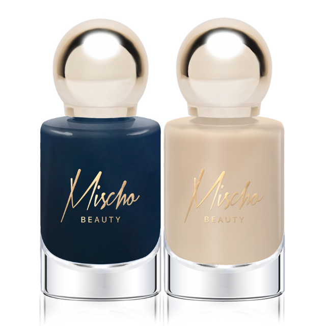 Mischo Beauty  Nail Lacquer Set in Rendezvous and Serving Beauty - chic two-piece gift set includes a dusky blue and a shimmery nude nail color. 