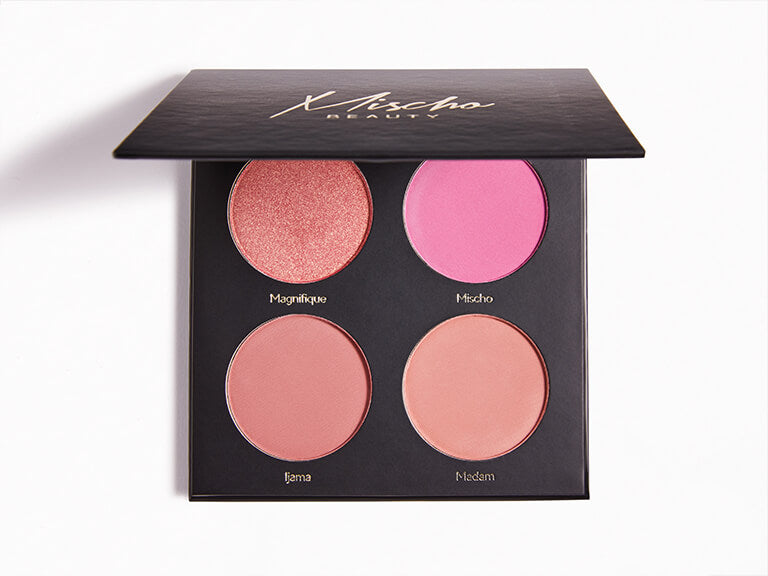 Mischo Beauty Blush Palette - A quad blush powder palette with 4 bestselling shades. Contains silky, smooth, and highly pigmented superfine powder cheek blush in pinks, corals and golds. 