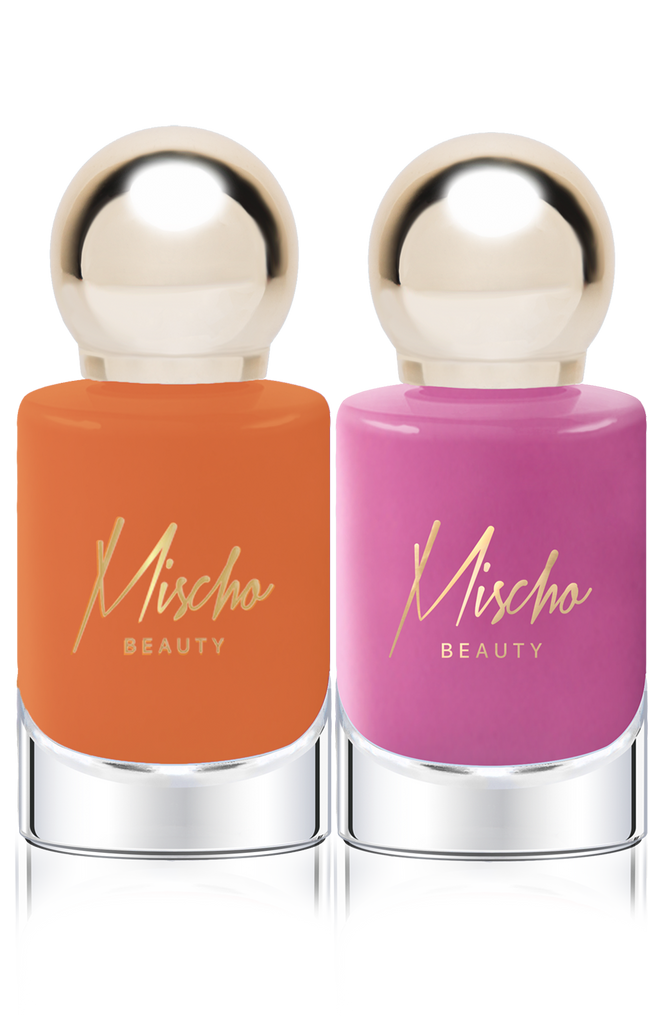Mischo Beauty Nail Lacquer Set in Love on Top and XO - bright two-piece set includes a bubble gum pink and a muted mauve rose nail color.