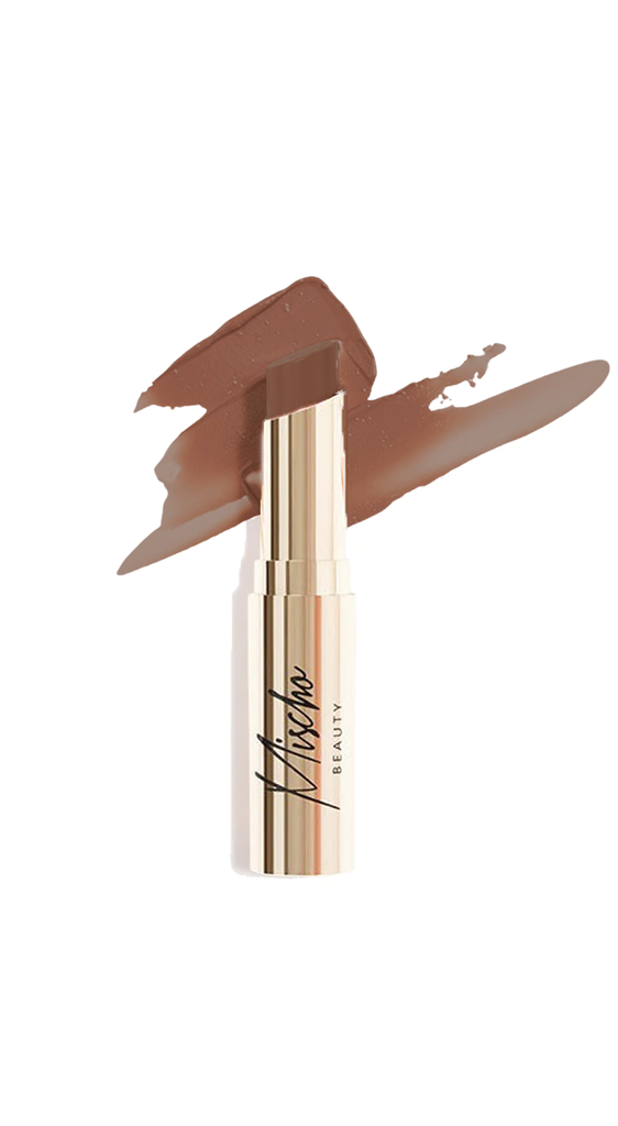 Mischo Beauty Sheer Lip Shine + Lip Balm - hydrating lip balm shine oil coats lips in a sheer and shiny chocolate nude color while enhancing your natural lip color.