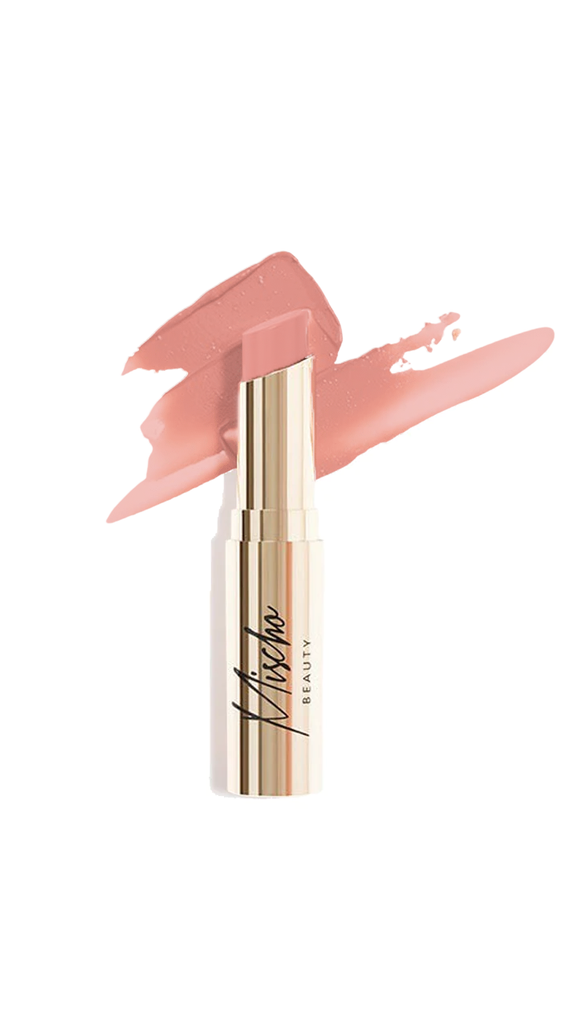 Mischo Beauty Sheer Lip Shine + Lip Balm - hydrating lip balm shine oil coats lips in a sheer and shiny iridescent pink nude color while enhancing your natural lip color.